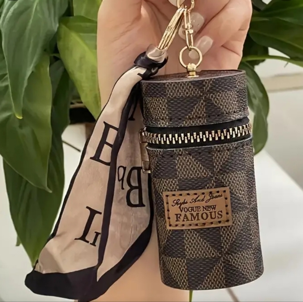 NWT!Mini Retro Brown Coin Purse Multifunctional Lipstick Zipper Pouch With Scraf